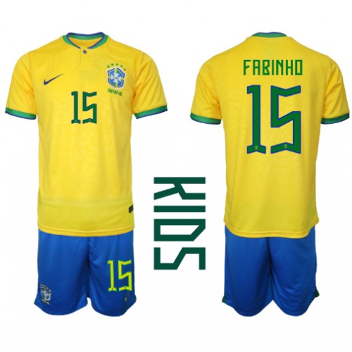 Brasilien Fabinho #15 Hemmaställ Barn VM 2022 Kortärmad (+ Korta byxor)